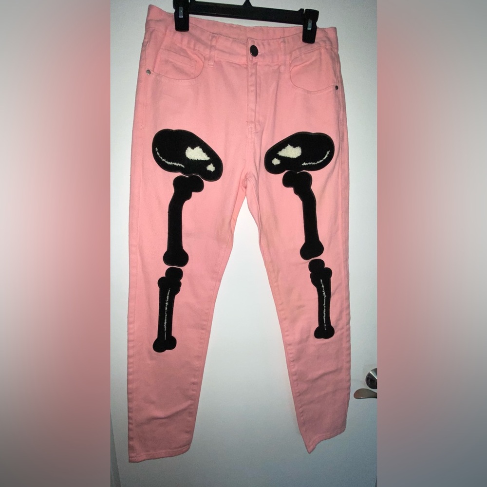 Pink Skeleton bones Halloween denim jeans size 30 preowned 100% cotton whimsical